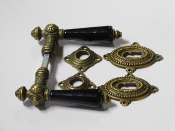 Set Door Hardware VI - Antique Brass with Black Ceramic Handles - Incl. Rosettes