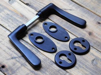 Set of door handles with oval handle rosettes + key rosettes PC - Matt black - Aluminium