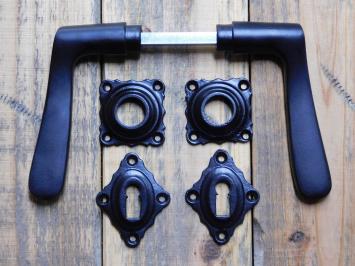 Set of Door Handles with Square Backplates and BB Lock Cylinder Backplates - Black