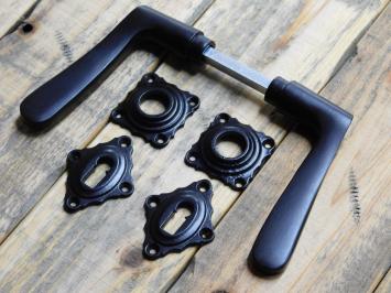 Set of Door Handles with Square Backplates and BB Lock Cylinder Backplates - Black