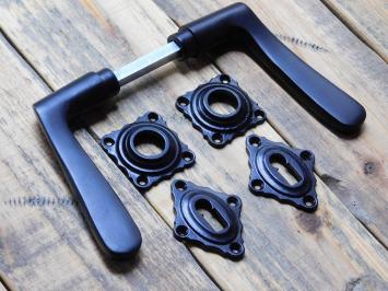 Set of Door Handles with Square Backplates and BB Lock Cylinder Backplates - Black