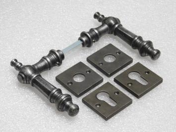 Victoria Handle Set + Square Handle and Lock Rosettes - Galvanised Cast Iron
