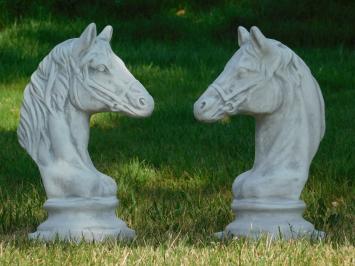 Set of 2 Horse Heads - Stone - White with Grey