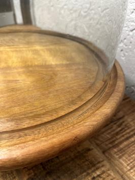 Sturdy vintage glass dome on wooden tray - alu base - diameter 36 cm