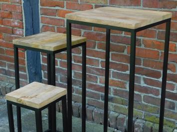 Set of 3 Tables - Industrial - Mango Wood with Black Metal Base