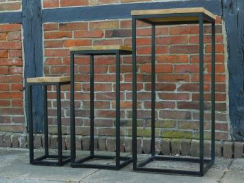 Set of 3 Tables - Industrial - Mango Wood with Black Metal Base