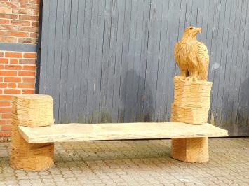 Heavy oak garden bench with large carved eagle on the right holder, unique and beautiful.