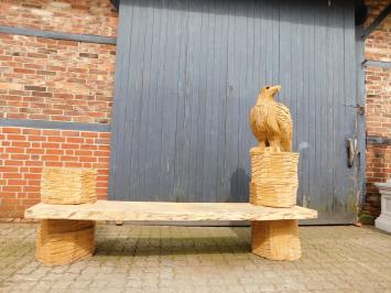 Heavy oak garden bench with large carved eagle on the right holder, unique and beautiful.