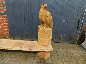 Heavy oak garden bench with large carved eagle on the right holder, unique and beautiful.
