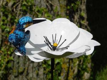 Tuinsteker Bloem met IJsvogel - Metaal - Witte Tuinbloem