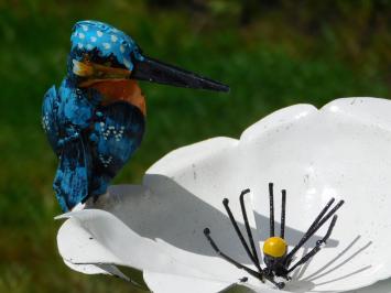 Tuinsteker Bloem met IJsvogel - Metaal - Witte Tuinbloem