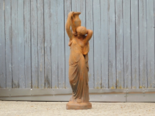 Statue water spout - lady with water jugs - solid stone - oxide