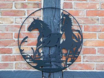 Wandornament Paarden - Zwart - Metaal - Rond