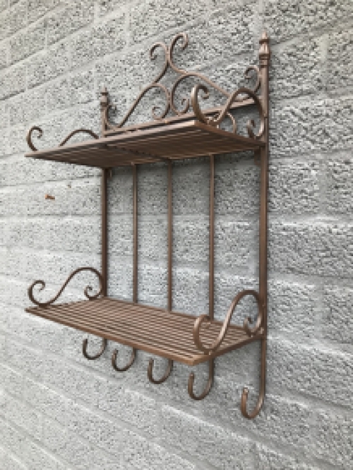 Wall rack with 2 shelves, wrought iron bl-brown