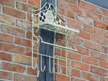 Vintage Wall Rack with Hooks - Old White - Wrought Iron