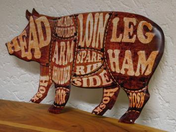 Wandbord Varken - 50 cm - Pork Parts - Metaal