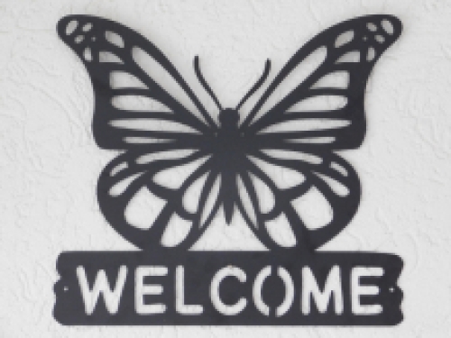 Wandornament 'Welcome' met vlinder - metaal