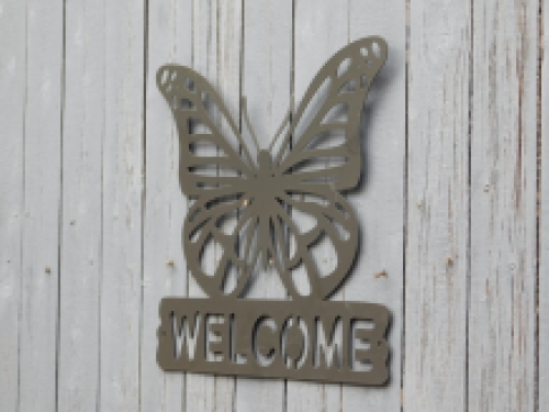 Wall ornament 'Welcome' with butterfly - metal