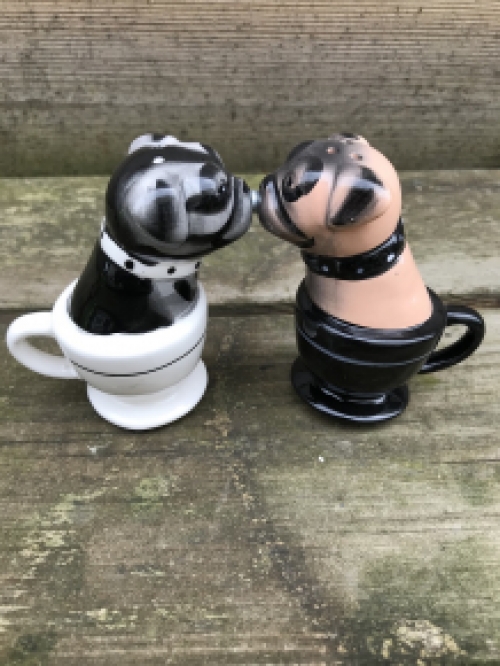 Salt and pepper pots, 2 kissing dogs in cups, very nice!